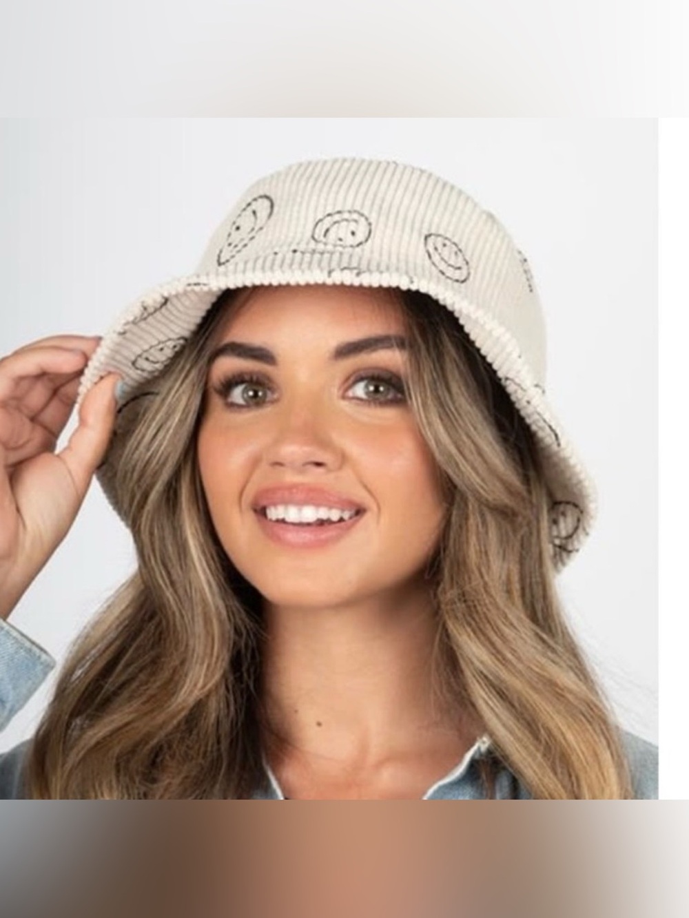 David and Young Cream Corduroy Bucket Hat Black Smileys